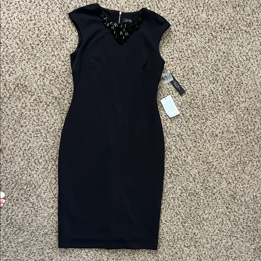 New with tags Tahari women’s Black Midi Dress with Embellished Neckline size 4